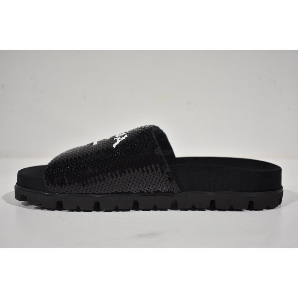 Prada Black Sequin White Logo Slide Sandal Slip On Pool Flip Flop Flat 37.5 - Picture 8 of 11